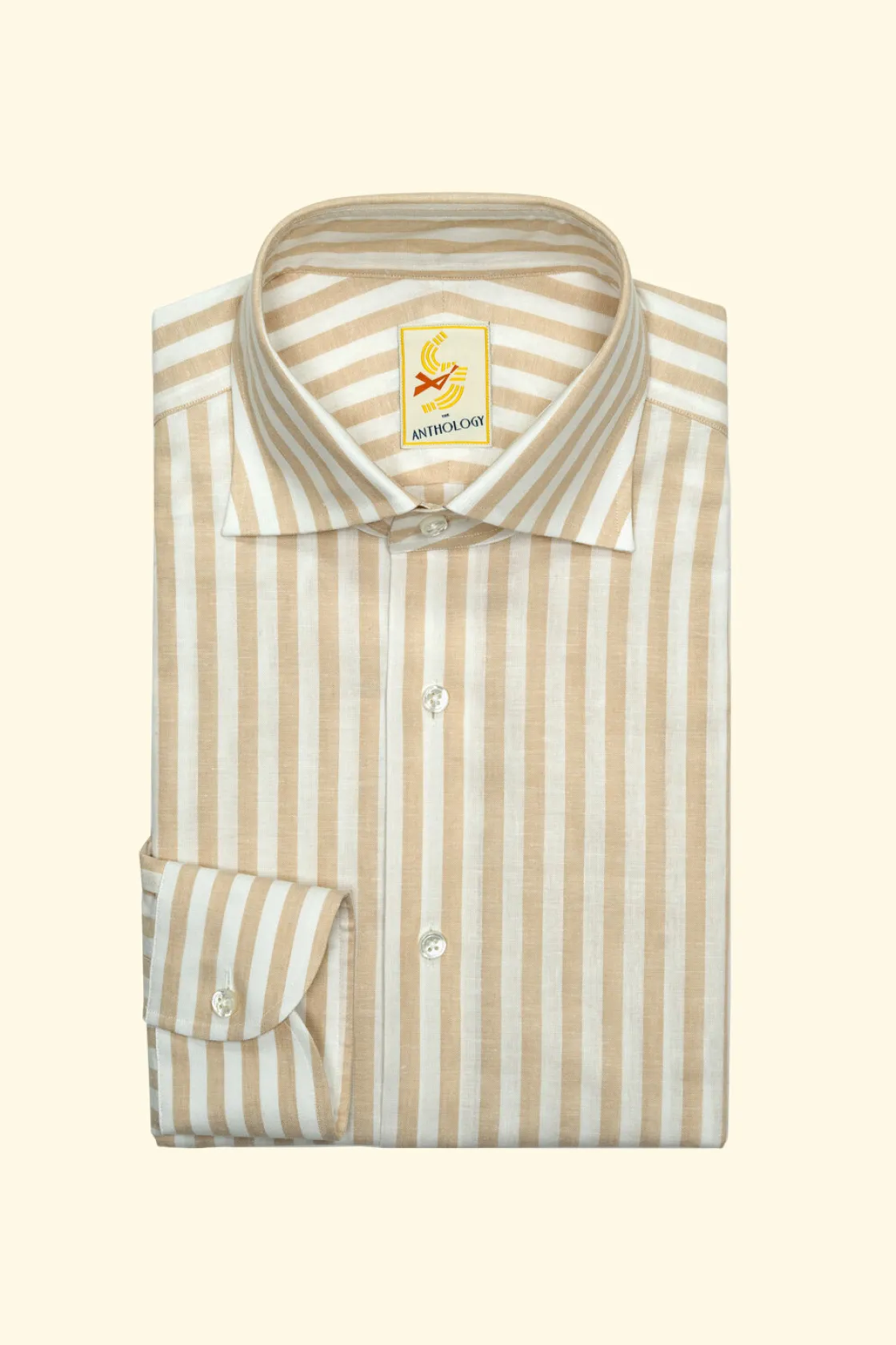 Best Sale The Anthology Beige and White Candy Striped Cotton/Linen Spread Collar Shirt