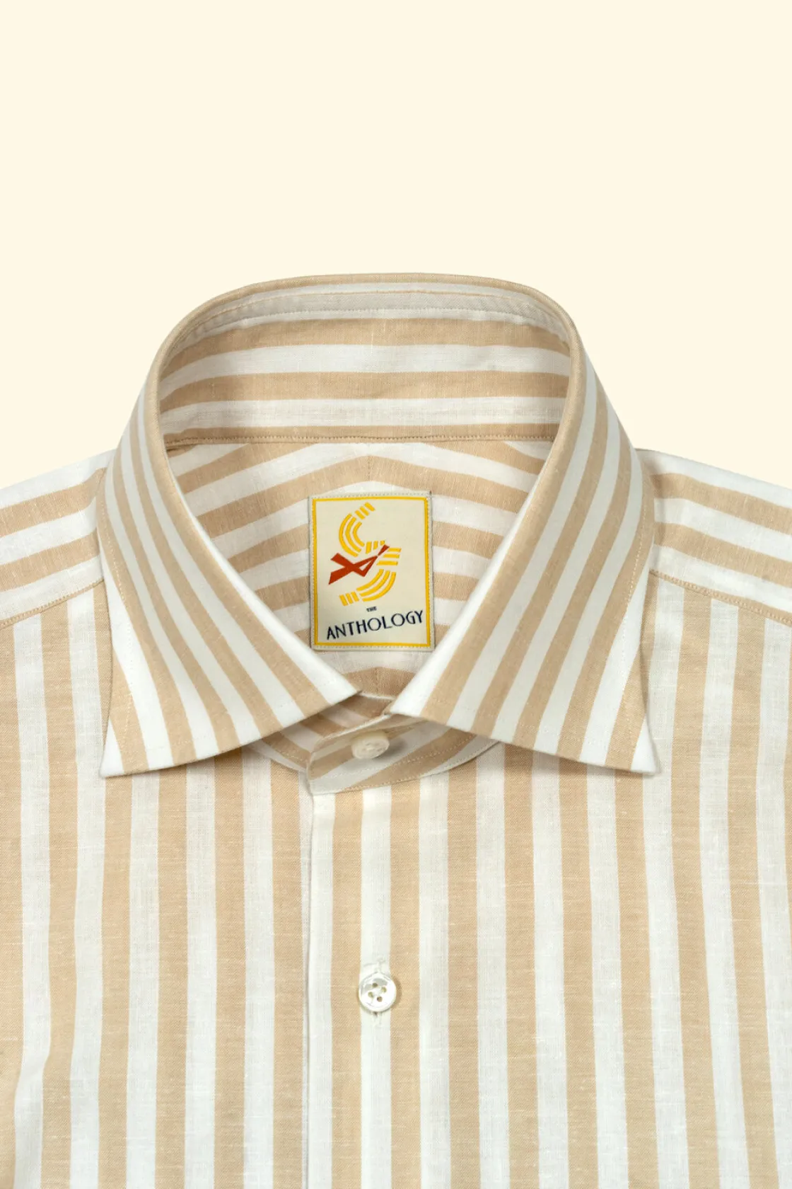 Best Sale The Anthology Beige and White Candy Striped Cotton/Linen Spread Collar Shirt