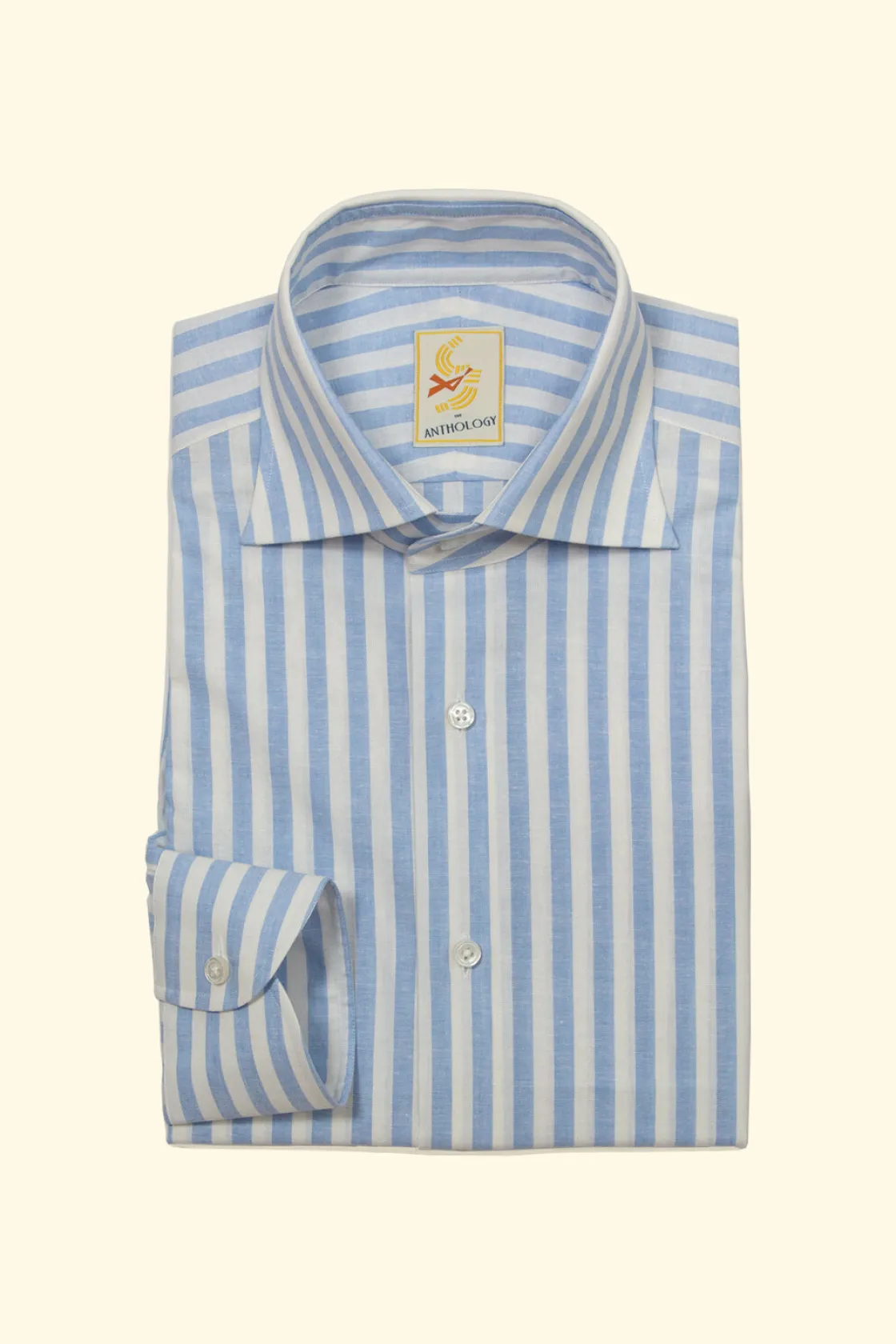 Best Sale The Anthology Blue and White Candy Striped Cotton/Linen Spread Collar Shirt