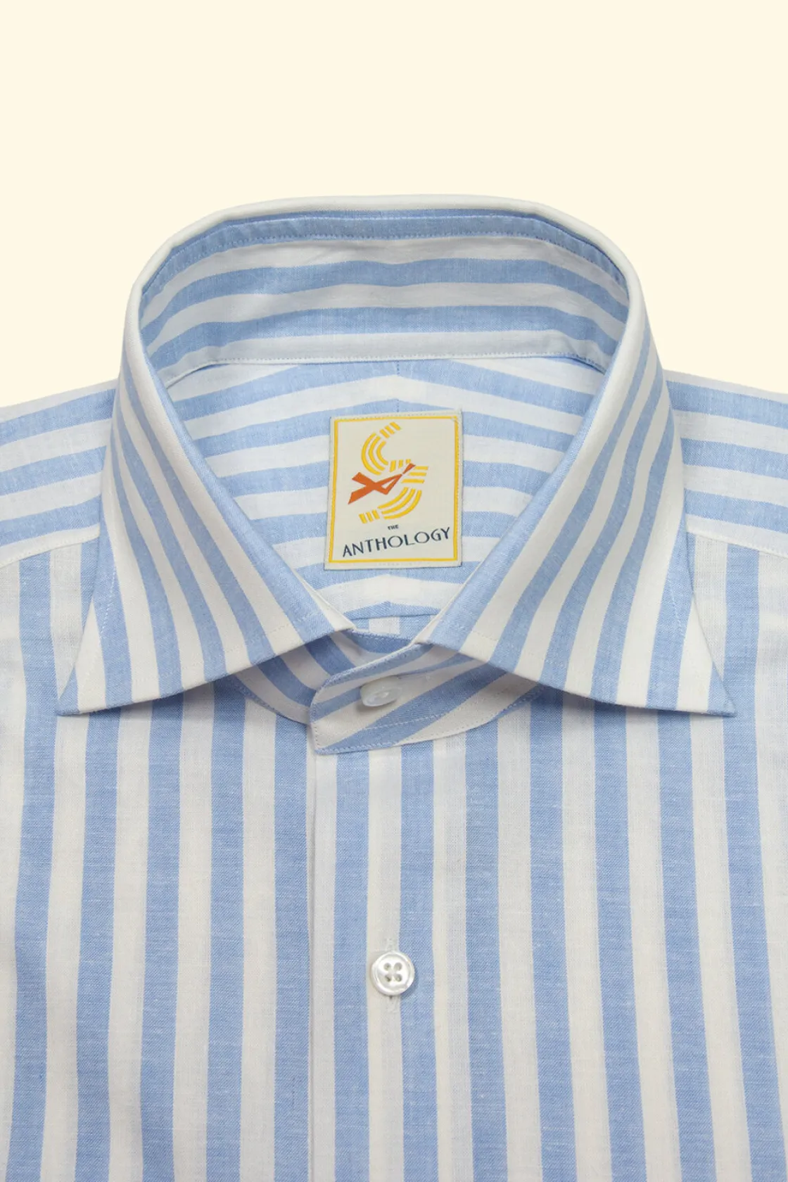 Best Sale The Anthology Blue and White Candy Striped Cotton/Linen Spread Collar Shirt