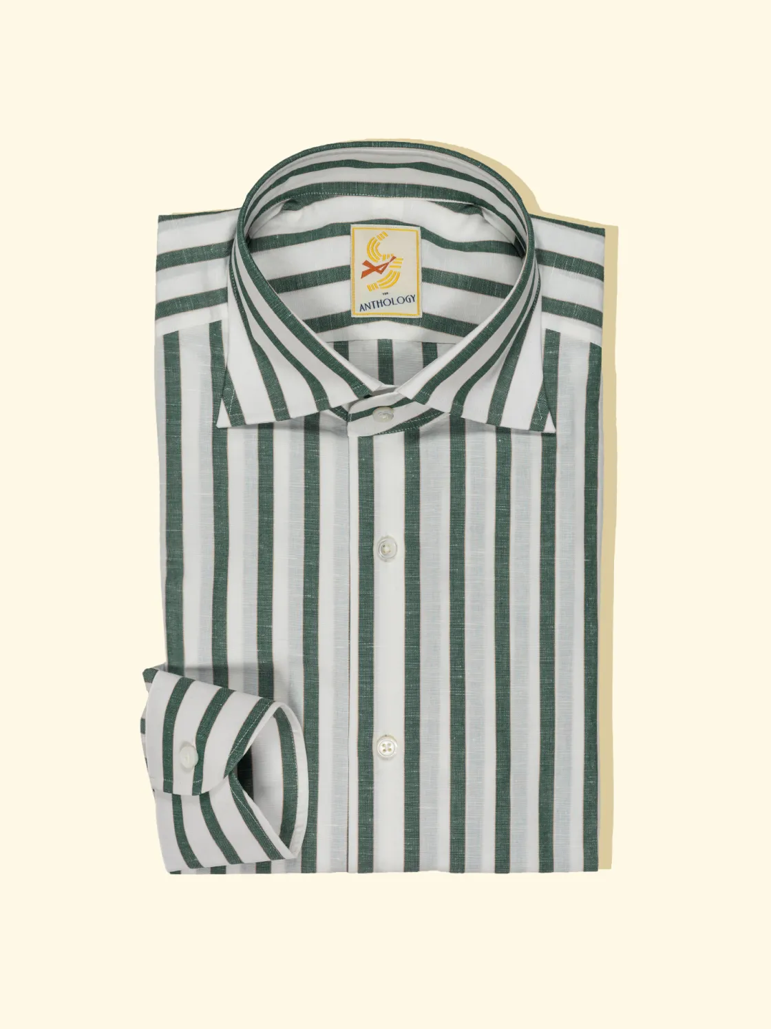 Online The Anthology Dark Green, White and Toffee Cotton/Linen Striped Shirt