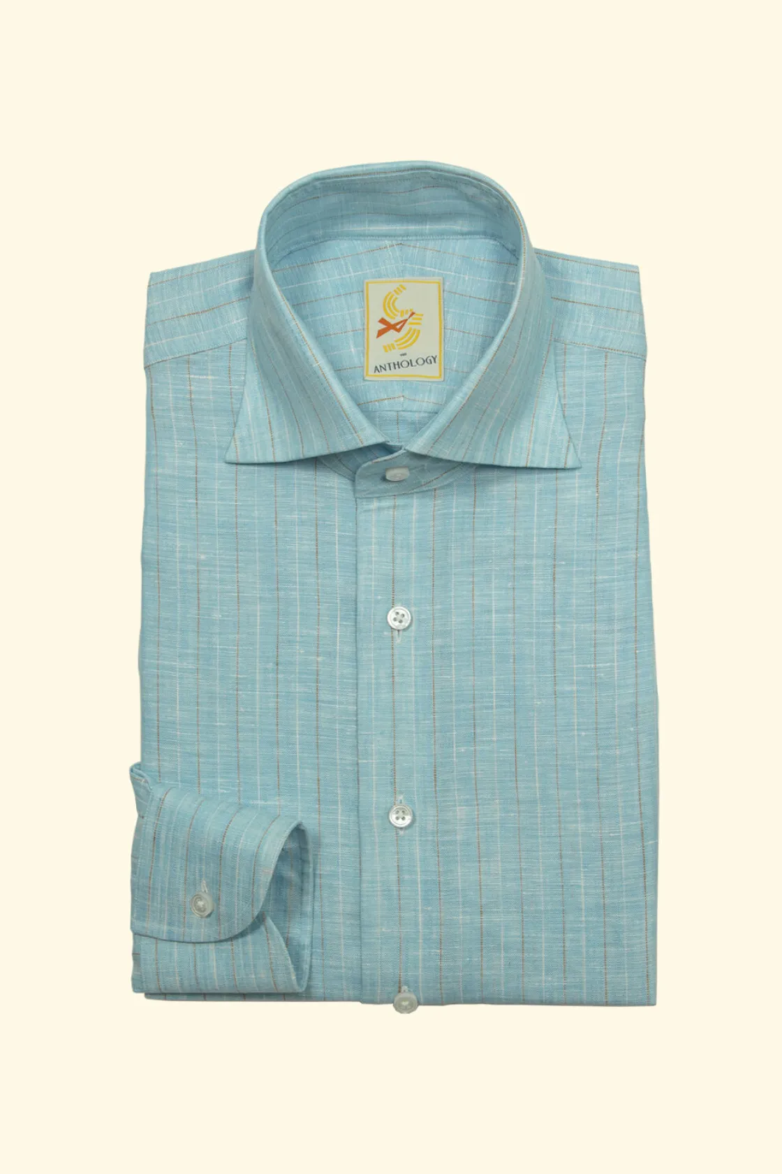 Best Sale The Anthology Happy Blue, White and Caramel Linen Striped Shirt