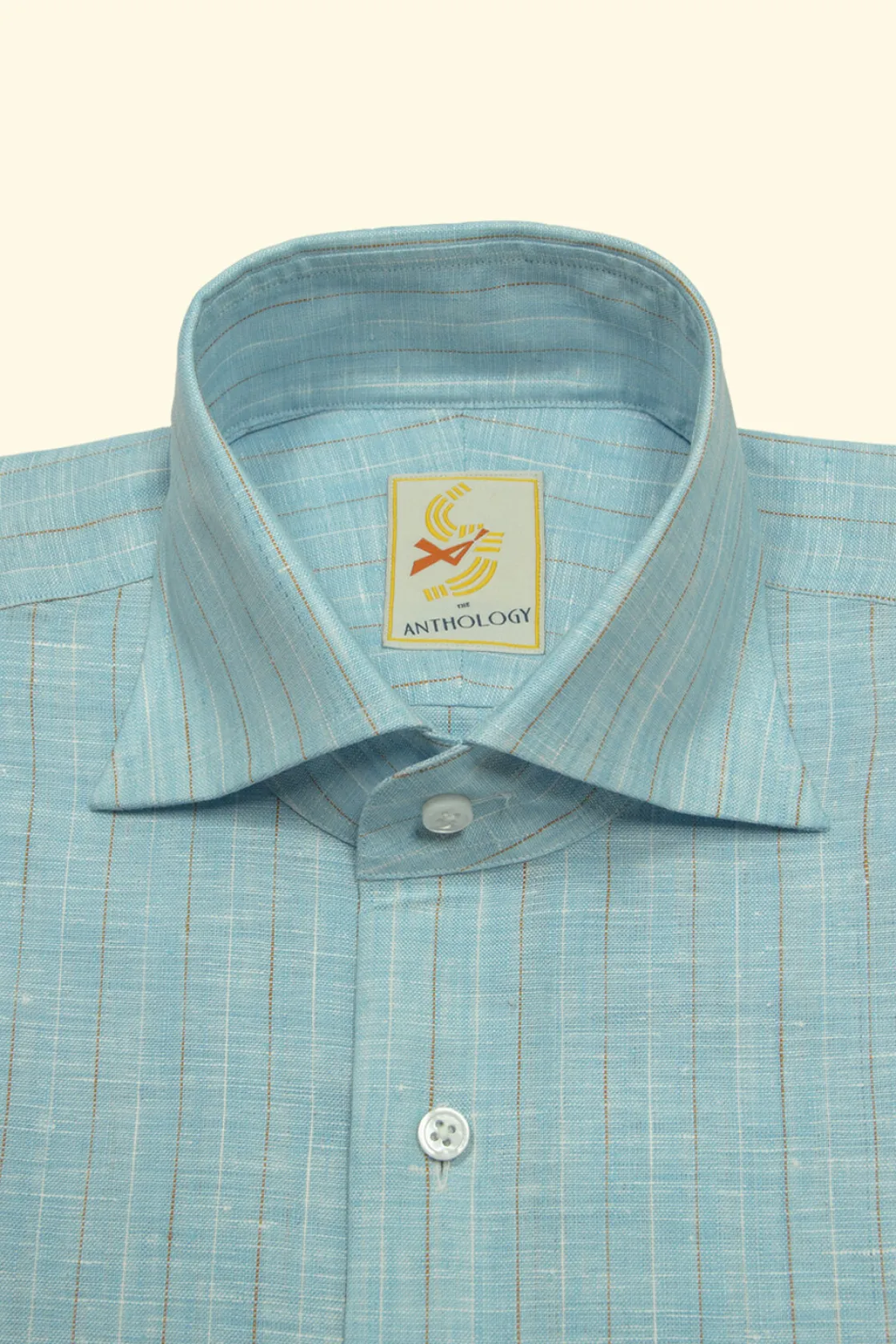 Best Sale The Anthology Happy Blue, White and Caramel Linen Striped Shirt